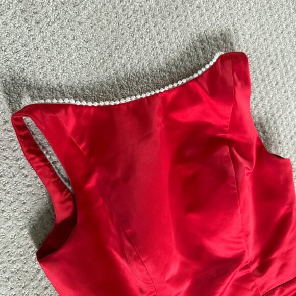 Red Satin Holiday Mini Dress with Pearl Trim and Bow Medium - Picture 4 of 9
